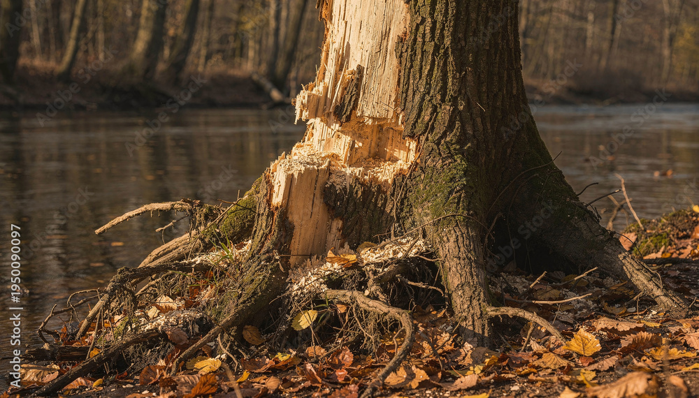 Obraz premium Close-up of a damaged tree trunk with exposed wood and roots near a body of water, surrounded by fallen autumn leaves. Nature's decay and resilience