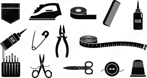 Vector illustration set of sewing and tailoring tools featuring scissors, needles, tape, glue, iron, thimble, and garment accessories.
