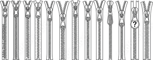 Collection of zipper vector illustrations featuring unique pull tab designs, fashion accessories, clothing fasteners, sewing elements, and garment hardware icons. 
