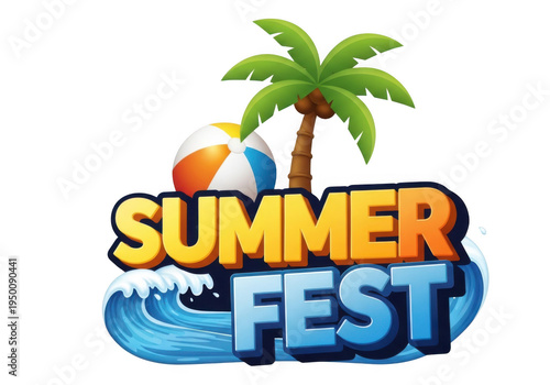 A colorful summer fest logo with a beach ball and palm tree on a transparent background