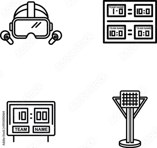 Set of 4 sports icons vector, scoreboard, helmet, microphone