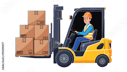 Warehouse Dynamics: A warehouse worker skillfully operates a forklift, transporting packaged goods, showcasing industrial efficiency.