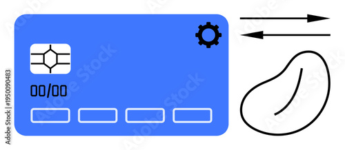 Online payments, fintech solutions, digital transactions, e-commerce, financial security, money transfers. Blue credit card with gear icon and transaction arrows. Online payments and fintech