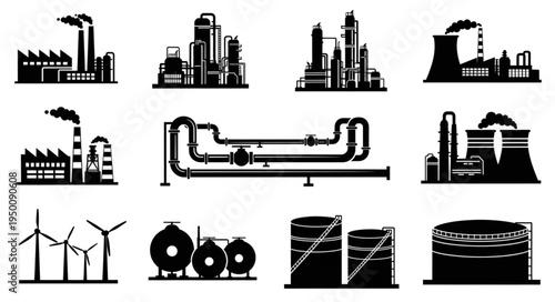 Industrial Landscape - Silhouette Icons of Factories, Pipelines, and Wind Turbines.