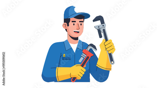 Plumber with Tools: A skilled plumber confidently holds a pair of adjustable wrenches, ready to tackle any repair job. This illustration showcases a professional at work.