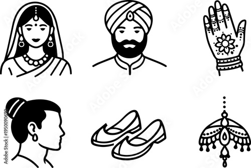 Indian culture tradition symbols line icons