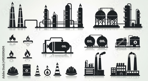 Silhouette Icons of Oil and Gas Industry Infrastructure.