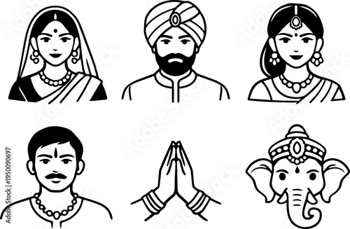 Indian culture tradition symbols line icons. Vector