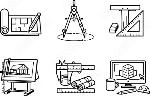 Architecture design drafting tools line icons. VEector
