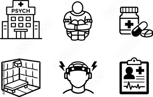Psychiatry mental hospital treatment line icons. Vector