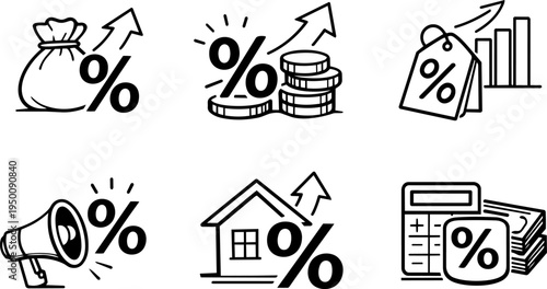 Discount sale finance line icon set