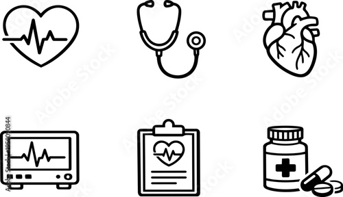 Cardiology heart health medical line icons. Vector