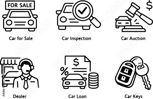 Car selling dealership transaction line icons