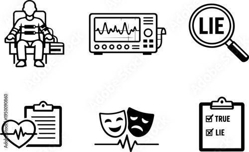 Lie detector polygraph interrogation line icons. Vector
