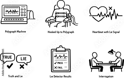 Lie detector polygraph interrogation line icons