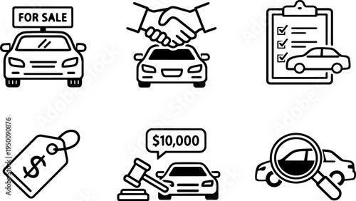 Car selling dealership transaction line icons. Vector