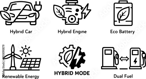 Hybrid car eco transport energy icons. Vector
