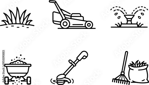 Gardening lawn care tools line icons. Vector