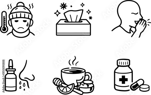 Cold flu treatment medicine line icons