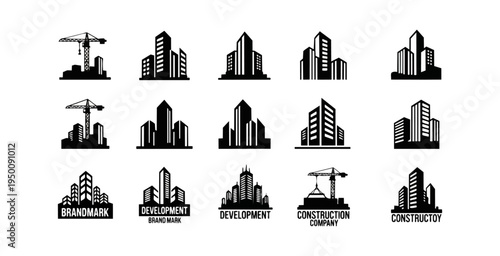 Abstract architectural building icons on dark background modern design