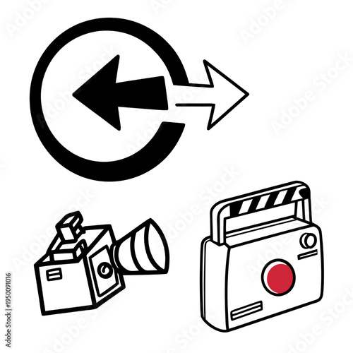 Collection of simple black and white vector graphic icons representing video production camera and clapperboard symbols