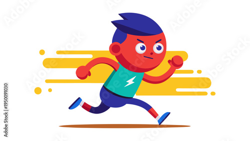 Determined cartoon vector boy character sprints forward quickly with intense focus indicating speed and energy