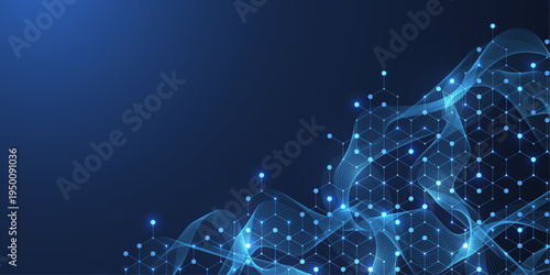 Molecular abstract structure and genetic engineering DNA. Healthcare and medicine background concept. Scientific research background. Wave flow. Innovation pattern. Vector illustration.