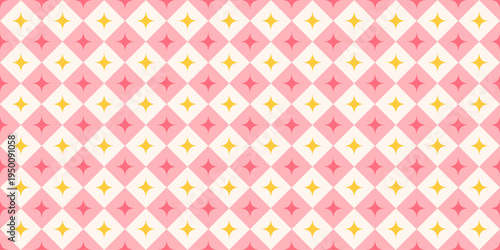 Diamond Seamless Pattern with Stars. Pink y2k checkered background with sparkling. Cute carnival print for wrapping paper. Abstract geometric wallpaper. Vector illustration
