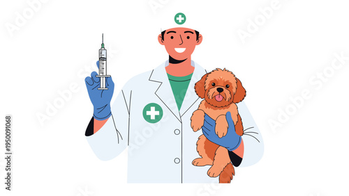 Veterinarian with Canine Companion: A friendly veterinarian, armed with a syringe, tenderly cradles a cheerful canine in a display of animal healthcare and compassion. 