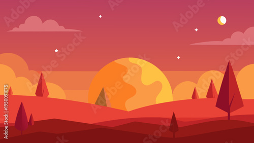 Stylized low poly vector illustration depicts a vibrant sunset over rolling hills dotted with evergreen trees and celestial bodies