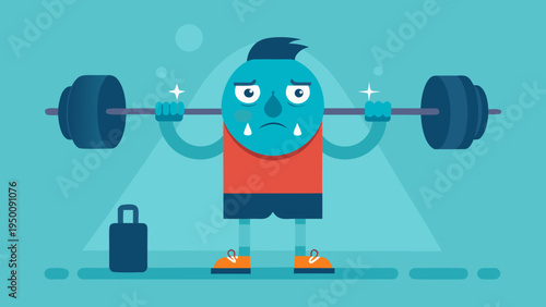 Sad blue cartoon monster struggling with a heavy barbell exercise in a flat design gym illustration