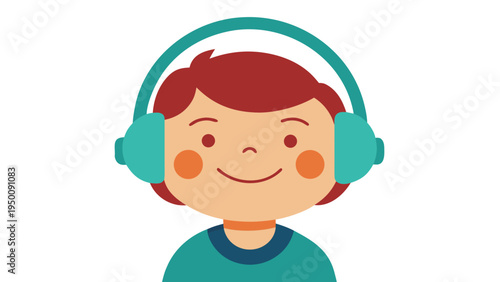 Simple vector graphic of a smiling person wearing vibrant teal headphones, ideal for themes of listening, music, or education.
