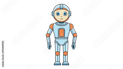 Friendly light blue and orange humanoid robot character standing still ready for future artificial intelligence technology projects