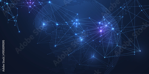 Global network connection concept. Big data visualization. Social network communication in the global computer networks. Internet technology. Business. Science. Vector illustration