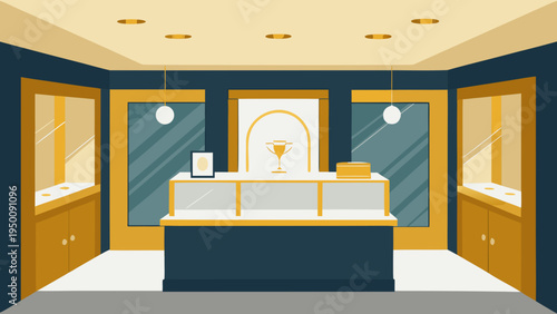 Elegant vector illustration of an empty luxury jewelry store interior featuring display cases and a central counter