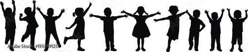Children silhouettes collection, happy kids jumping playing, childhood activity, playful kids group, fun children vector