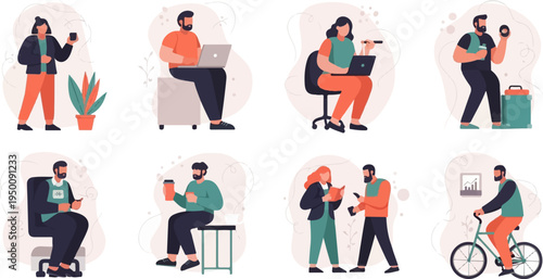 Diverse individuals engaged in various activities working, relaxing, and commuting