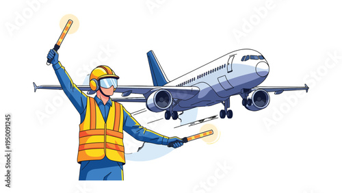 Guiding the Skies: An airport ground crew member directs an aircraft during landing. The scene emphasizes safety and precise guidance in the aviation industry.