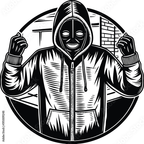 Black and white vector illustration of a hooded figure