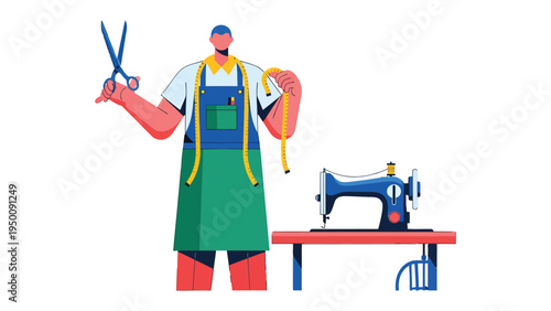 The Art of Craft: A skilled tailor, the heart of creation. Holding scissors and measuring tape near a sewing machine, representing craftsmanship. 