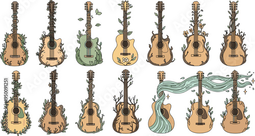 Decorative acoustic guitar illustration collection with floral vines, leaves, and organic nature elements wrapped around wooden instruments, artistic boho style musical vector set