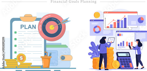 Financial Goals Planning Flat Vector Business Data Analysis Strategic Wealth Illustration Set