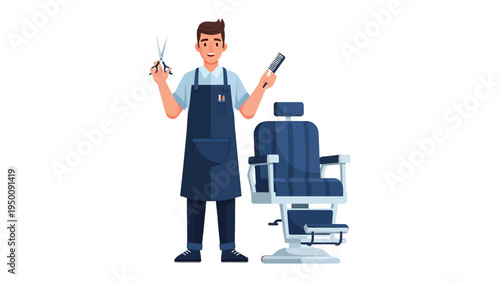 Barber with tools: A barber stands ready, holding scissors and a comb, beside a barber chair, depicting a scene of grooming and style.