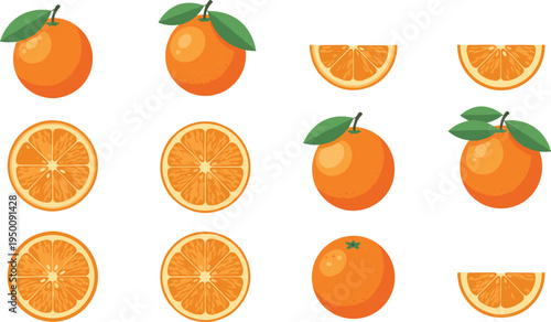 Orange fruit whole and sliced vector collection with fresh citrus oranges and segments for healthy food, juice and vitamin concept