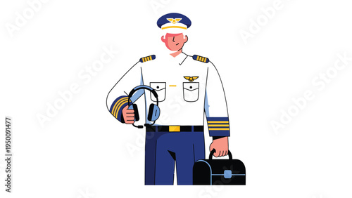 Pilot Ready for Takeoff: A seasoned pilot stands at attention, head held high, ready for the journey ahead, dressed in his crisp uniform, carrying equipment and his flight bag. A symbol of leadership.