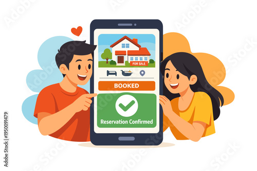 Couple booking accommodation online using mobile app.