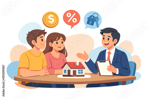 Couple meeting with real estate agent discussing house purchase.