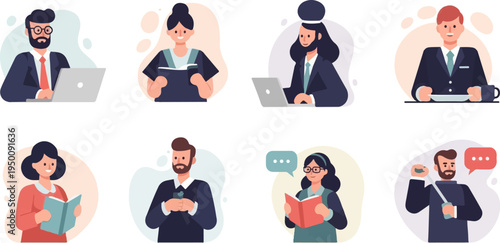 Diverse individuals engaged in various activities working, reading, eating, and conversing