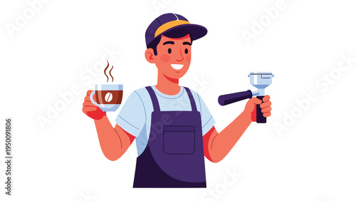 Barista's Brew: An illustration of a skilled barista holding a steaming cup of coffee and a portafilter, ready to create a perfect brew. Capturing the artistry and passion of coffee preparation.