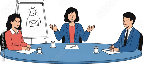 Three people in business attire at a round table, discussing a presentation